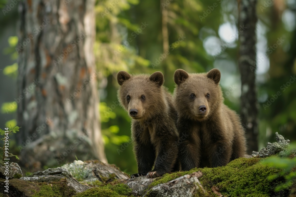 Fototapeta premium Two baby bears standing on a mossy log in a forest