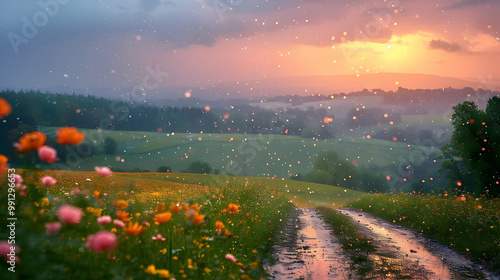Beautiful Sunset Landscape With A Dusty Road Through A Field Of Flowers