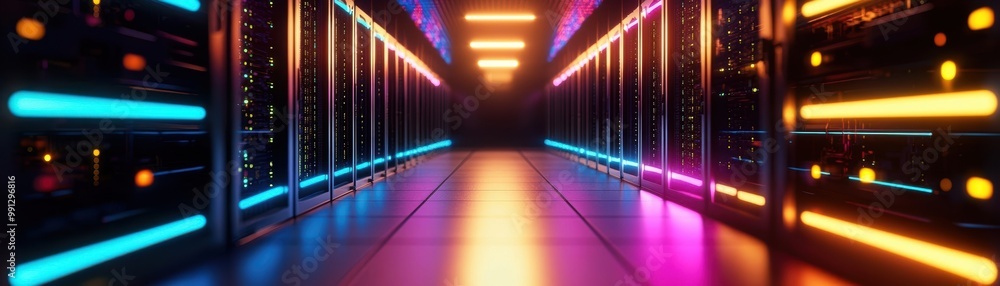 Futuristic server room with vibrant neon lights and mirrors reflecting the digital environment. Futuristic server room with vibrant neon lights and mirrors reflecting the digital environment.