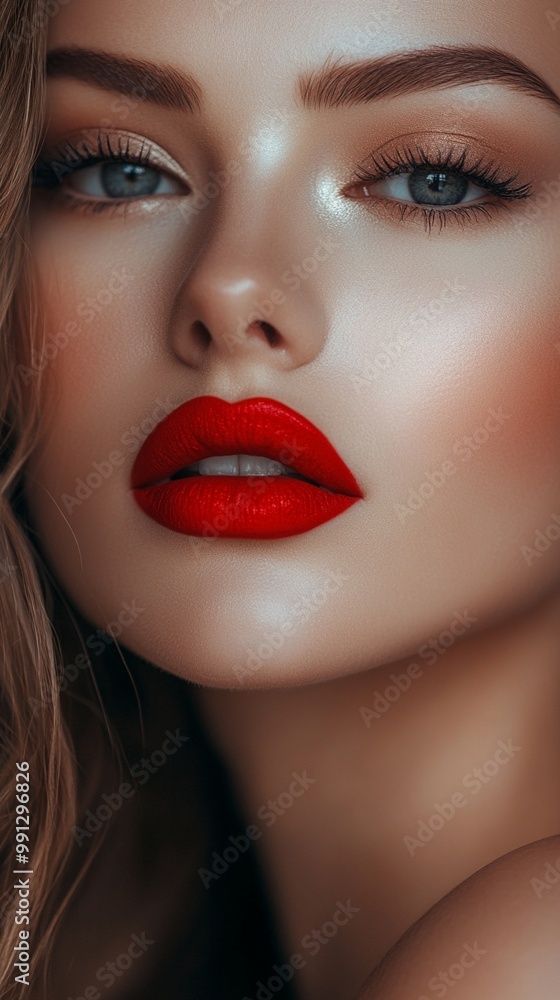 Striking close-up portrait showcasing vibrant red lips, piercing blue eyes, and flawless skin. Dramatic makeup accentuates facial features, creating a bold and alluring look. Striking close-up portrait showcasing vibrant red lips, piercing blue eyes, and flawless skin. Dramatic makeup accentuates facial features, creating a bold and alluring look.