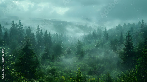 Raining in the Forest - Misty Evergreen Trees