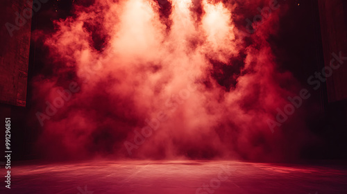 Stage filled with swirling red smoke, creating a dramatic and intense atmosphere