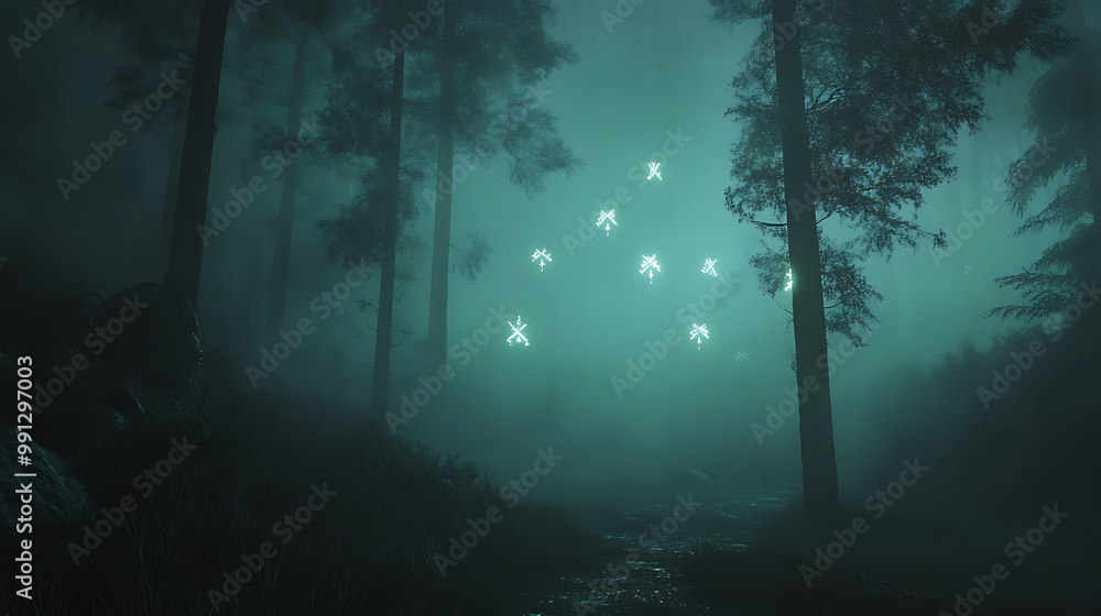 A mysterious fog rolling through a dark forest, with faint, glowing symbols appearing in the mist A mysterious fog rolling through a dark forest, with faint, glowing symbols appearing in the mist