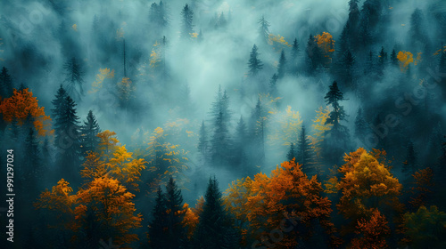 Autumn Forest Landscape with Fog and Sunbeams