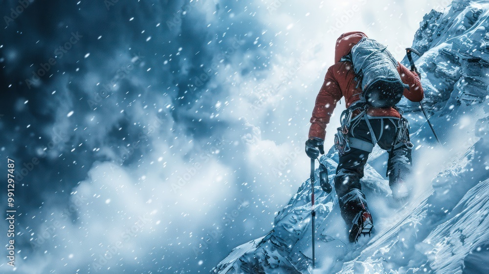 Climber Ascending Mountain in Blizzard Climber Ascending Mountain in Blizzard