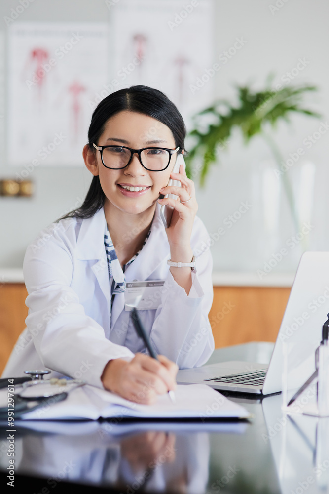 Doctor, portrait and woman with phone call in office for medical advice, plan and client update. Happy, discussion and healthcare worker with tech at desk for telehealth, appointment or schedule info Doctor, portrait and woman with phone call in office for medical advice, plan and client update. Happy, discussion and healthcare worker with tech at desk for telehealth, appointment or schedule info