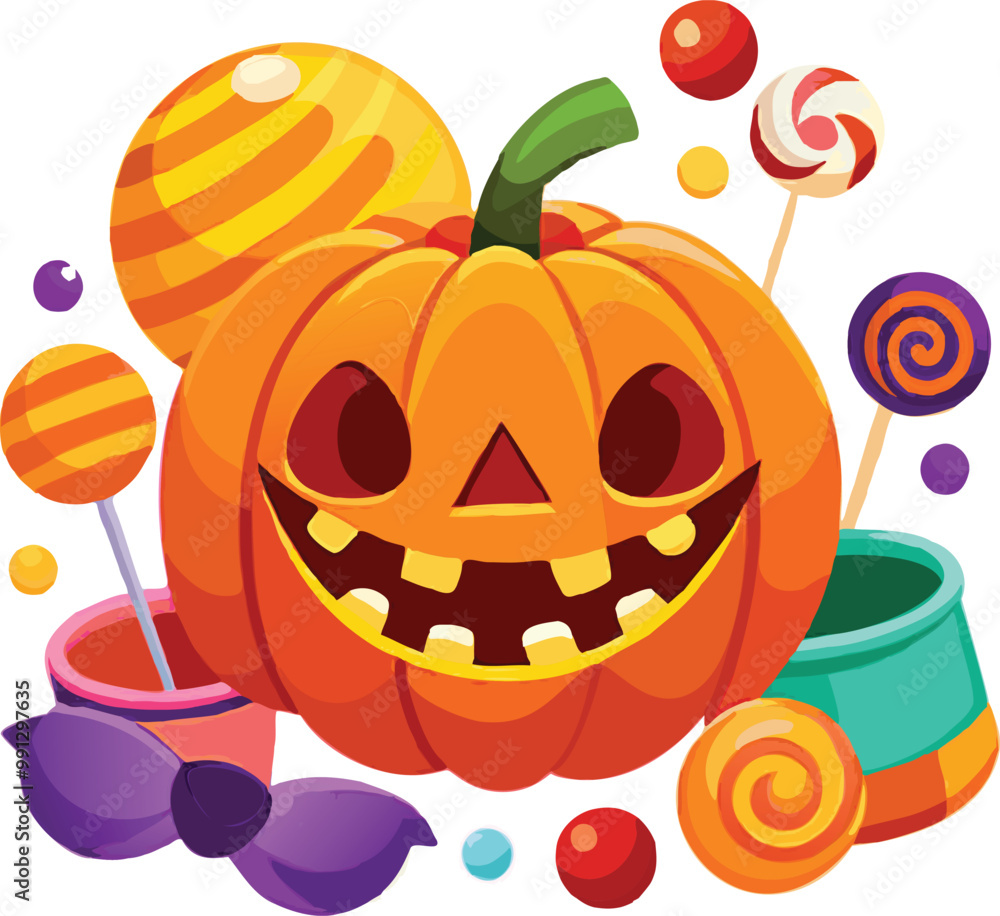 Fototapeta premium Scary pumpkin basket to collect candy on Halloween day, Concept for Halloween holiday