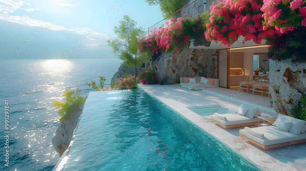 Obraz premium Modern Cliffside Villa with Infinity Pool - 3D Illustration