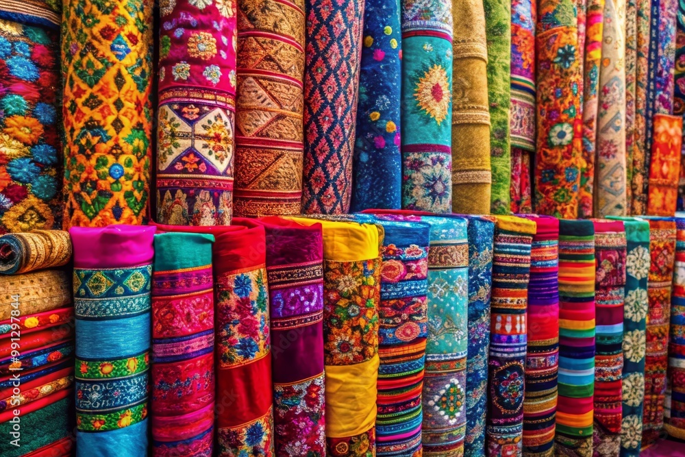 Vibrant textile rolls display colors and patterns Vibrant textile rolls display colors and patterns