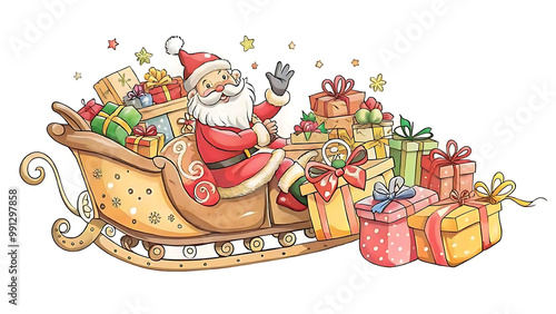 Santa claus delivering presents by a sleigh and reindeer