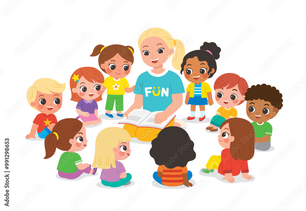 A teacher is sitting and reading a storybook to young students. The children are seated around the teacher on floor, listening intently. A teacher is sitting and reading a storybook to young students. The children are seated around the teacher on floor, listening intently.