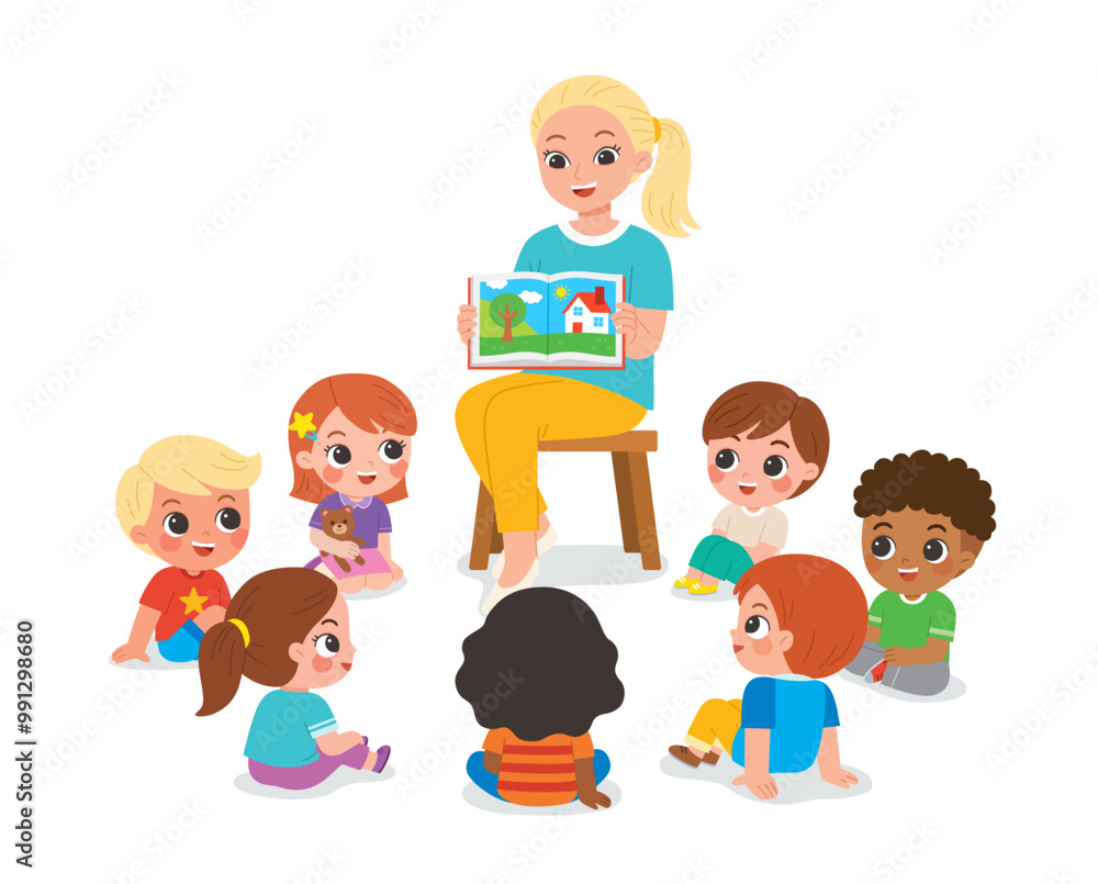 Kindergarten teacher reading and telling a story to children group showing book spread picture. Teacher talks to student sit on floor in circle and listen to her. Kindergarten teacher reading and telling a story to children group showing book spread picture. Teacher talks to student sit on floor in circle and listen to her.