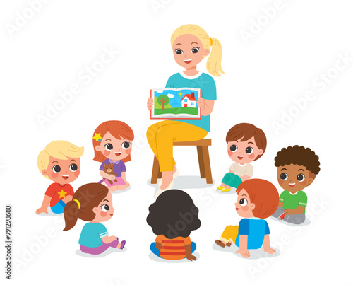 Kindergarten teacher reading and telling a story to children group showing book spread picture. Teacher talks to student sit on floor in circle and listen to her.