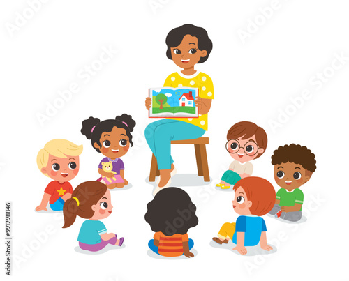 Kindergarten teacher reading and telling a story to children group showing book spread picture. Teacher talks to student sit on floor in circle and listen to her.