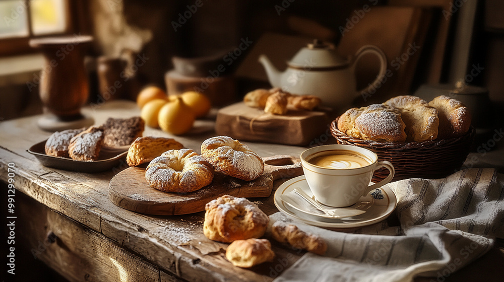 ペストリーとコーヒーの田舎風朝食 Rustic Breakfast with Pastries and Coffee|Generative AI ペストリーとコーヒーの田舎風朝食 Rustic Breakfast with Pastries and Coffee|Generative AI