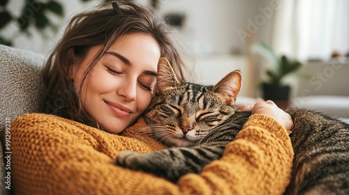 A young woman with long red hair is holding a ginger cat in her arms The woman is wearing a brown sweater  and has her eyes closed