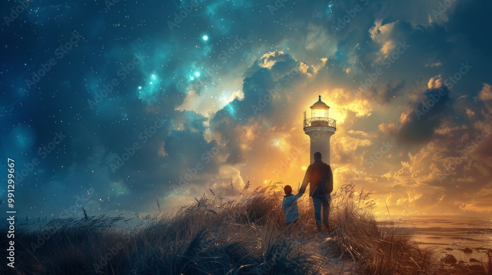 Fototapeta premium A serene image of a father and child walking hand in hand on a beach at night towards an illuminated lighthouse under a starry sky, creating a dreamlike ambiance.