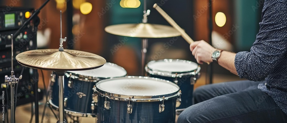 Obraz premium Close-up of a drummer's hands playing a blue drum set in a vibrant studio with colorful lights.