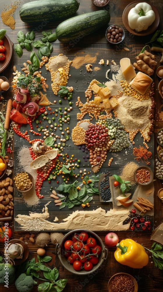 Fototapeta premium A food world map creatively made from grains, cheese, veggies symbolizing global culinary diversity on a wooden background.