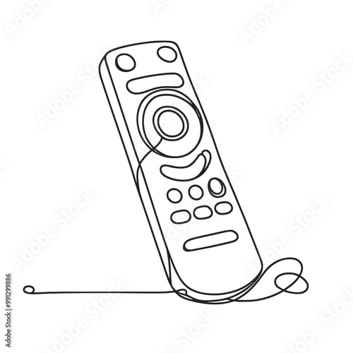 A remote control is shown in a black and white drawing. The remote is laying on its side, with the buttons visible. Concept of simplicity and minimalism