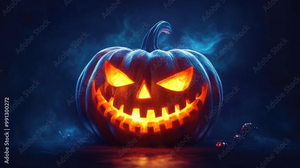 Halloween-themed jack-o'-lantern illustration, showcasing a carved pumpkin with glowing features and an eerie smile Halloween-themed jack-o'-lantern illustration, showcasing a carved pumpkin with glowing features and an eerie smile