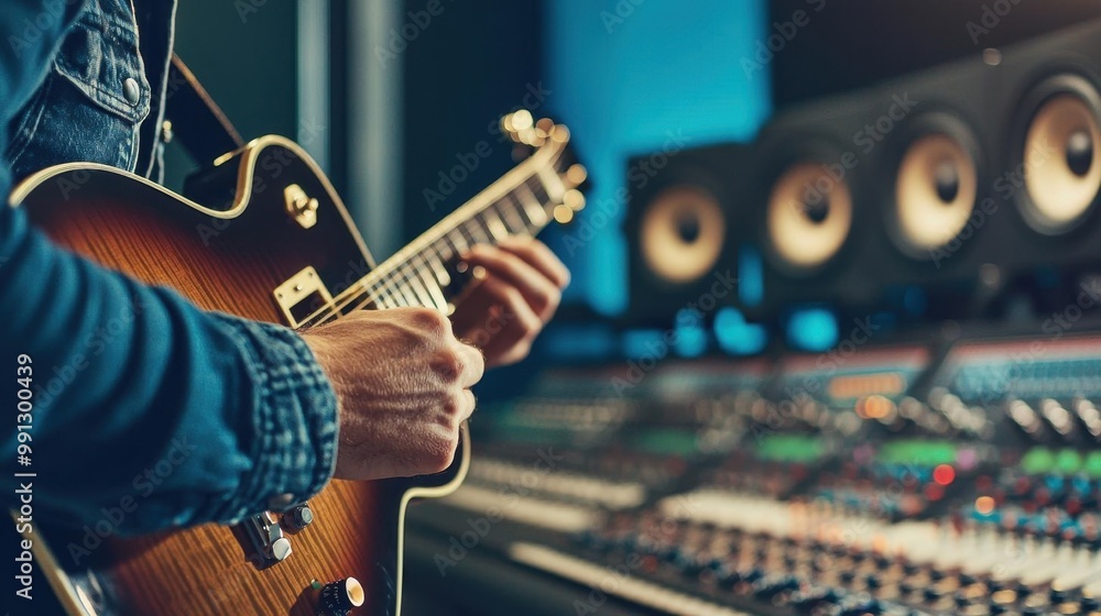 Obraz premium A musician plays guitar in a modern recording studio, surrounded by audio equipment and speakers, creating a vibrant sound environment.