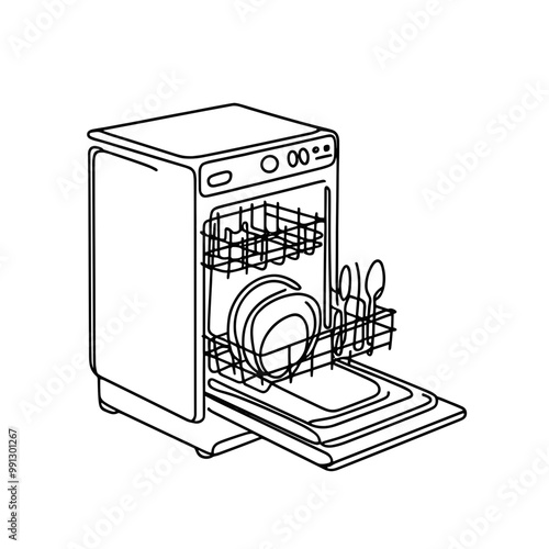 A white dishwasher with a black door. The dishwasher is empty. The dishwasher is a modern appliance