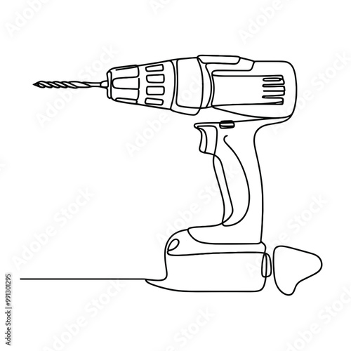 A black and white drawing of a power drill. The drill is shown in a linear style, with the handle and the bit extending beyond the frame. Concept of precision and focus