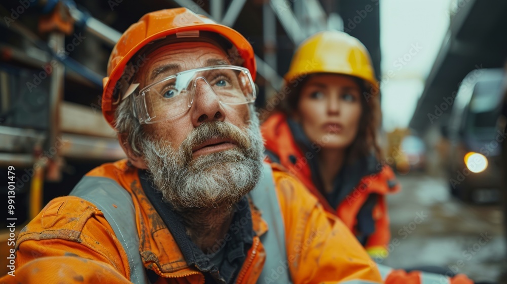 Image shows two workers in orange jackets, hard hats, and safety glasses. They seem focused in an industrial setting, possibly monitoring machinery. Image shows two workers in orange jackets, hard hats, and safety glasses. They seem focused in an industrial setting, possibly monitoring machinery.