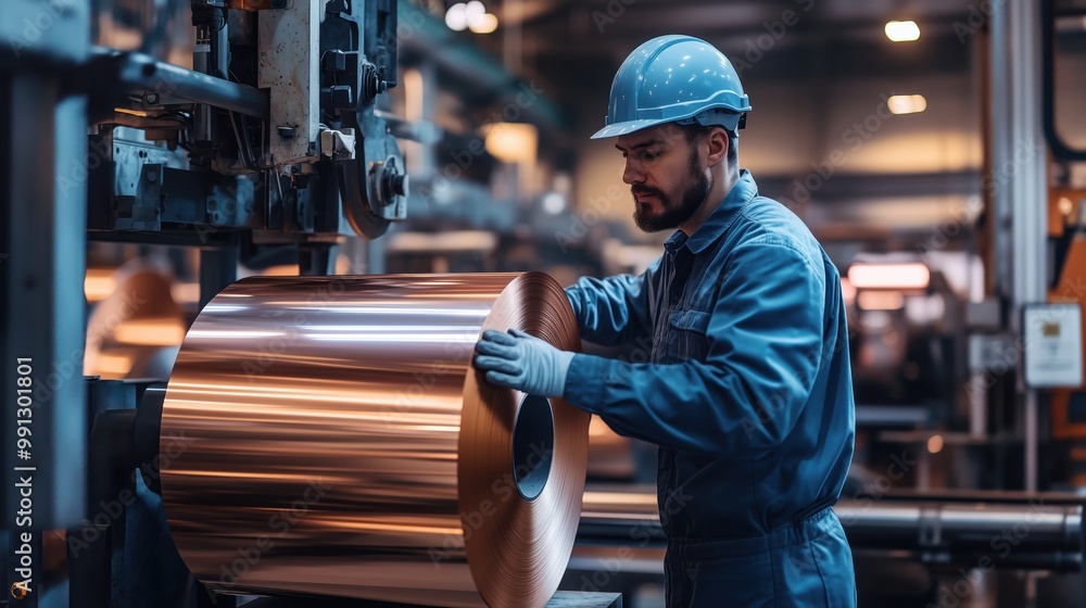 Obraz premium Worker Operating Copper Printing Machine in Industry
