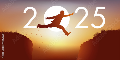 Un homme saute par dessus un gouffre entre deux falaises devant un soleil au zénith et symbolise le passage à la nouvelle année 2025