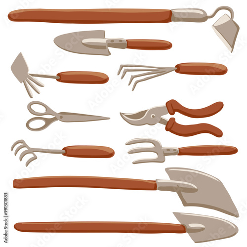 set of garden instruments, tool kit, hand fork,trowel, rake and hoe, isolated at white background, hand drawn illustration