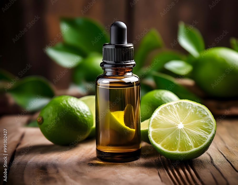 A bottle of lime essential oil next to fresh lime slices on a rustic wooden table A bottle of lime essential oil next to fresh lime slices on a rustic wooden table