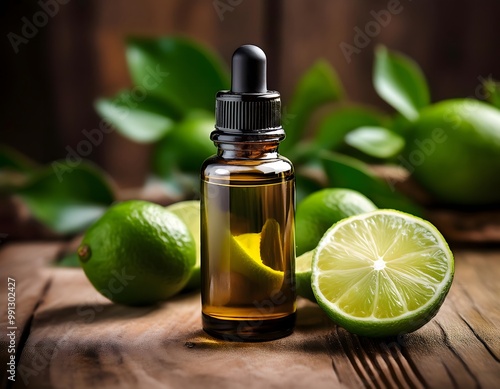 A bottle of lime essential oil next to fresh lime slices on a rustic wooden table