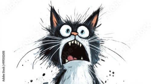 A black and white cartoon cat with big eyes and an open mouth, looking shocked.