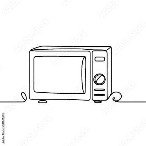 A microwave oven is shown in a black and white drawing. The microwave is placed on a white background, and it is a simple, minimalist design. The focus of the drawing is on the microwave itself