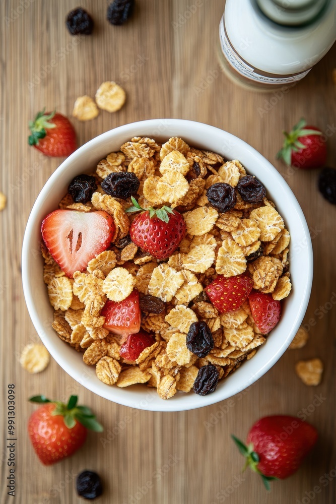 Breakfast cereal with raisin and milk Breakfast cereal with raisin and milk