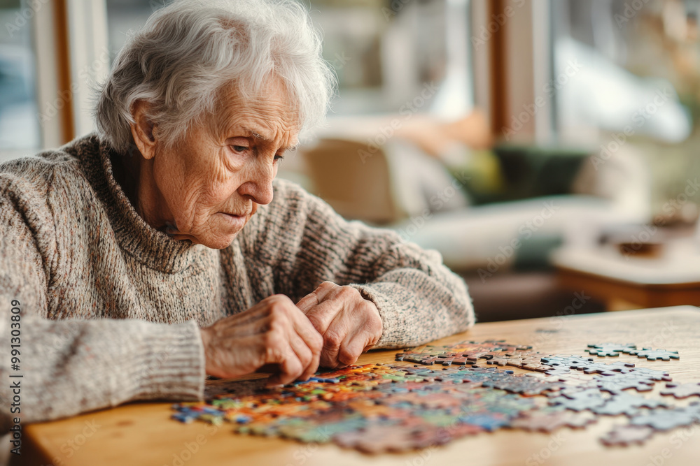 Elderly woman is focused on solving a jigsaw puzzle, engaging in a stimulating activity to maintain cognitive function Elderly woman is focused on solving a jigsaw puzzle, engaging in a stimulating activity to maintain cognitive function