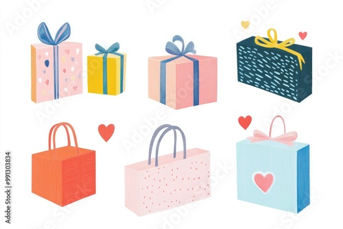 Coloring page featuring adorable gift bags and boxes in vibrant colors Festive presents for a day of love and friendship adorned with hearts symbols of affection and decorative ribbons