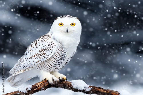 A close-up of a snow owl perched on a branch, with its bright white feathers blending into the snowy background
