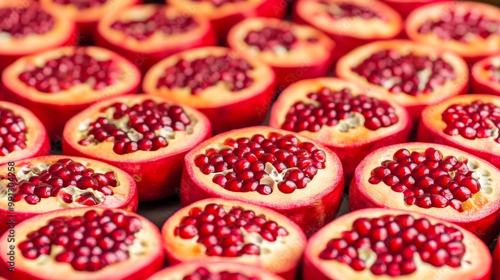 Neatly aligned rows of halved pomegranates, each showing the vibrant red seeds filling the frame in a pattern Neatly aligned rows of halved pomegranates, each showing the vibrant red seeds filling the frame in a pattern
