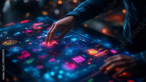 A hand interacts with a futuristic digital interface filled with glowing icons and data, representing the power of technology and innovation.