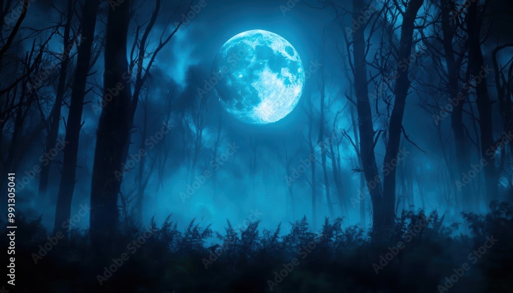 Mysterious night scene with a bright blue moon illuminating dark trees. Mysterious night scene with a bright blue moon illuminating dark trees.