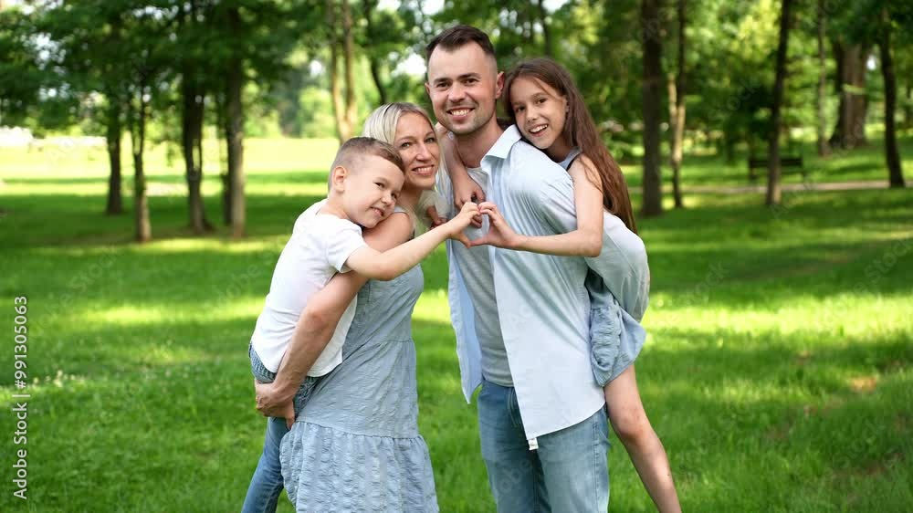 Beautiful parents with children pose for camera, holding boy and girl on their shoulders, spending time together in nature, showing unity, love. Happy parenthood, adoption, family , guardianship. Beautiful parents with children pose for camera, holding boy and girl on their shoulders, spending time together in nature, showing unity, love. Happy parenthood, adoption, family , guardianship.