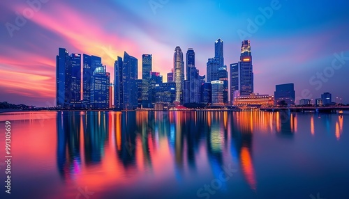 Modern city skyline reflecting on water at sunset, vibrant colors, wideangle view