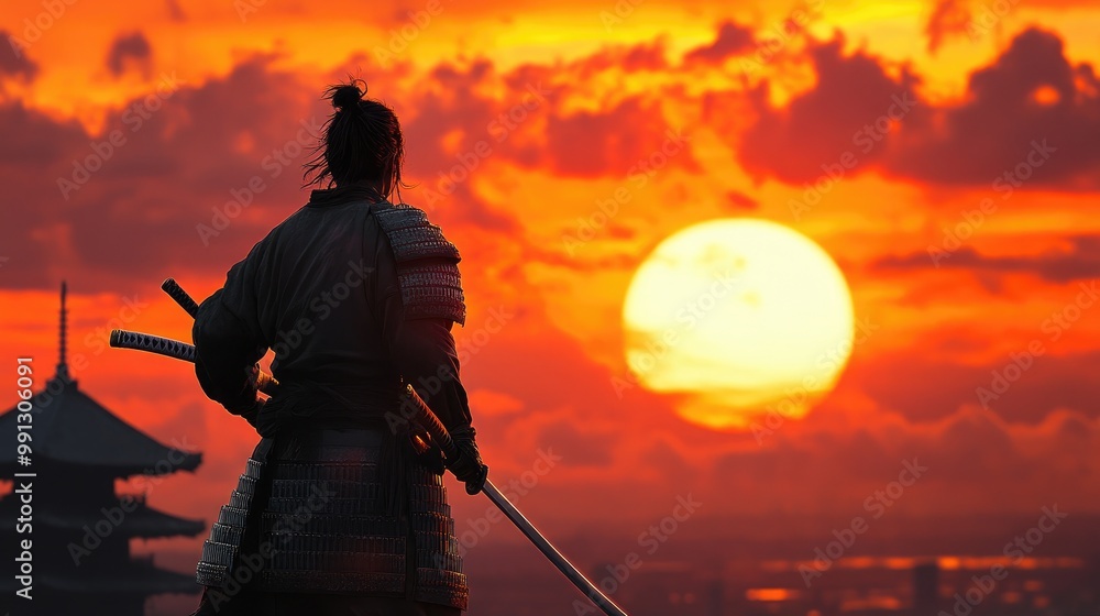 Fototapeta premium Japanese samurai with sword drawn, framed against a breathtaking sunset, evoking the honor and mystique of the warrior code