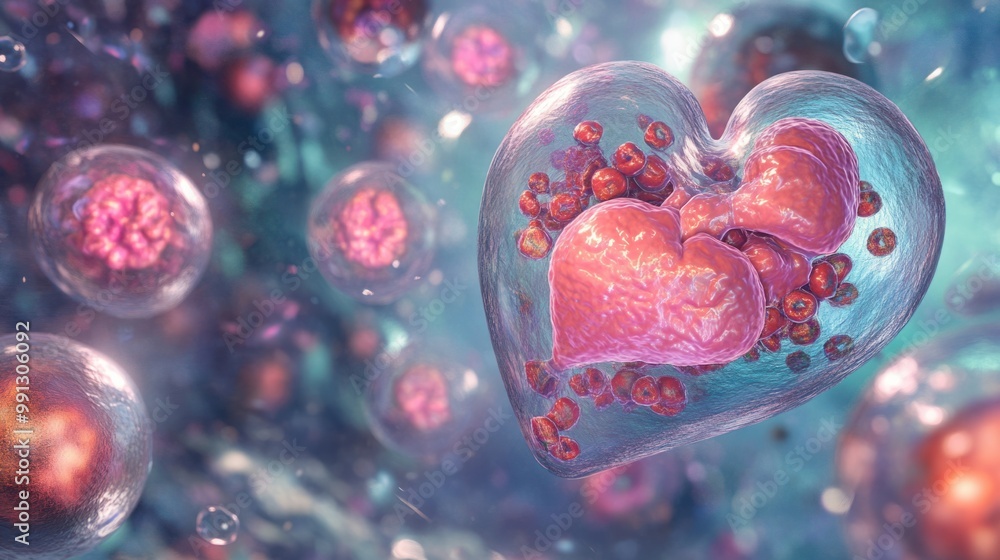 A detailed illustration of the process of stem cells differentiating into heart and muscle cells, highlighting medical applications. A detailed illustration of the process of stem cells differentiating into heart and muscle cells, highlighting medical applications.