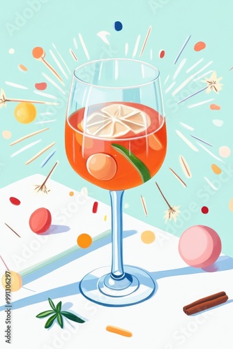 Illustration of a glass of mulled wine surrounded by spices and sparklers with a soft blurred backdrop