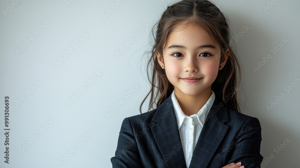 A confident young girl showcases her style in a sleek suit, radiating charm A confident young girl showcases her style in a sleek suit, radiating charm