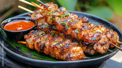 Grilled meat skewers with dipping sauce on a plate.